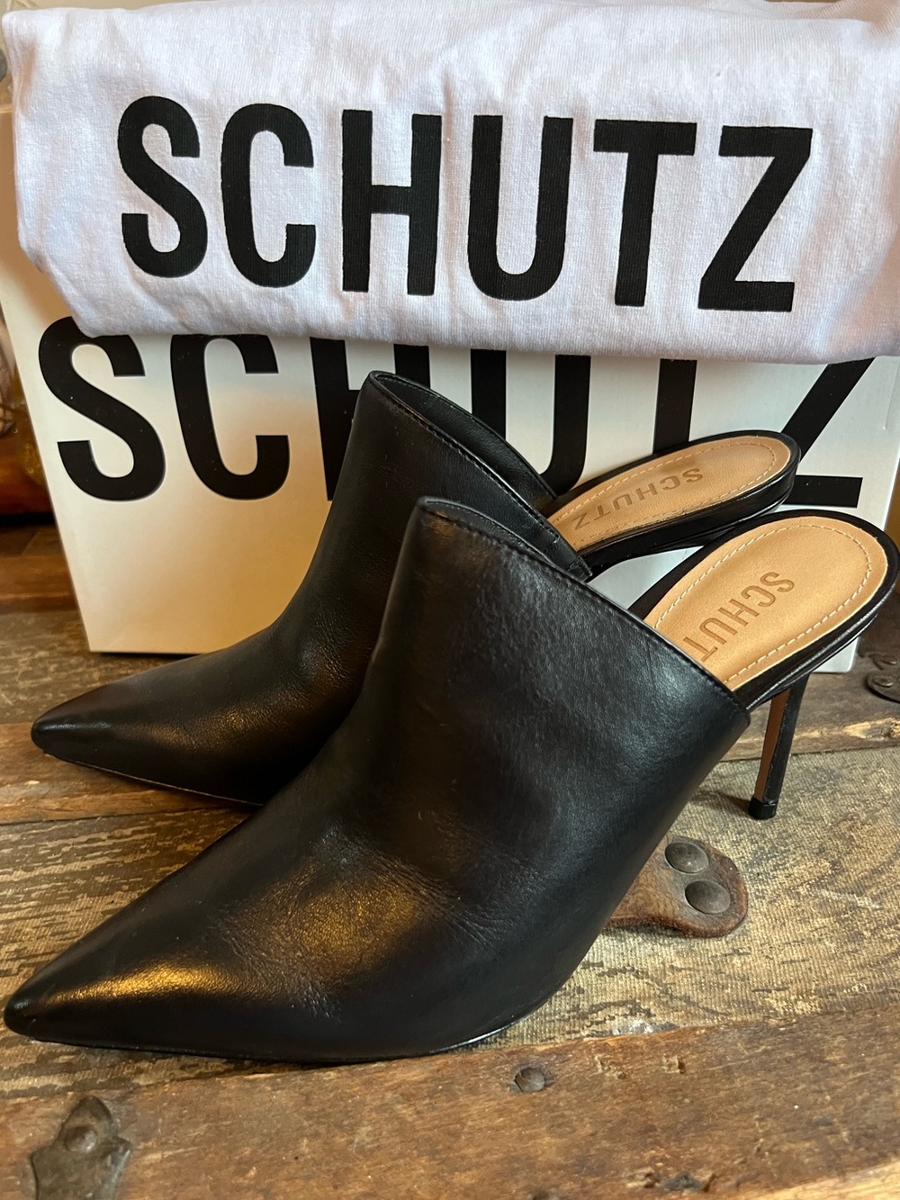 SCHUTZ Bardot Black Leather Pointed Mule Heels - Size 8 B